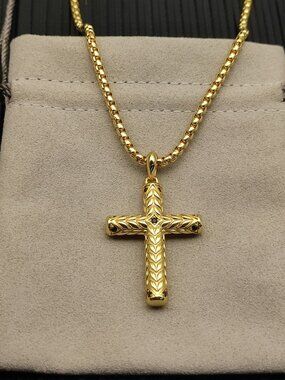 David Yurman Gold Chevron Cross White Diamond Necklace